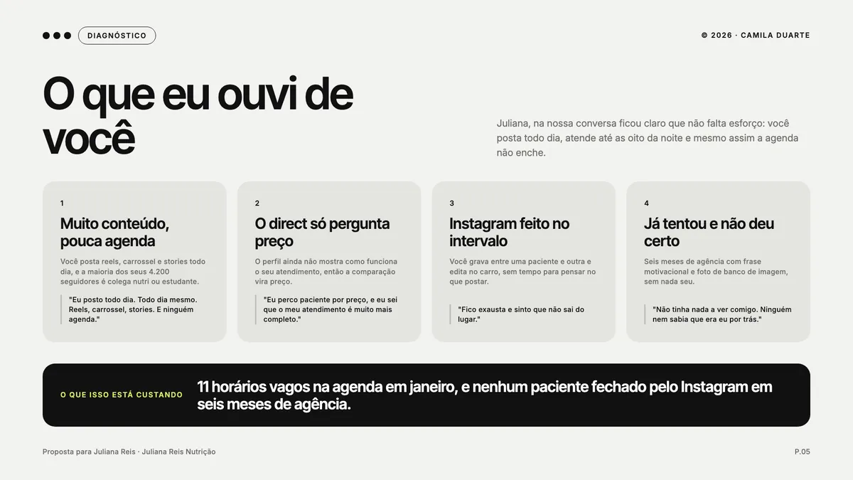 Página O que eu ouvi de você, com quatro achados e as frases da Juliana entre aspas