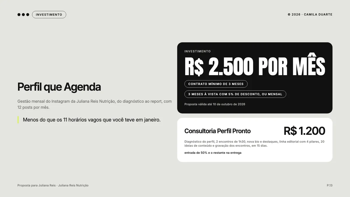 Página de investimento com a oferta Perfil que Agenda, condições e uma segunda opção