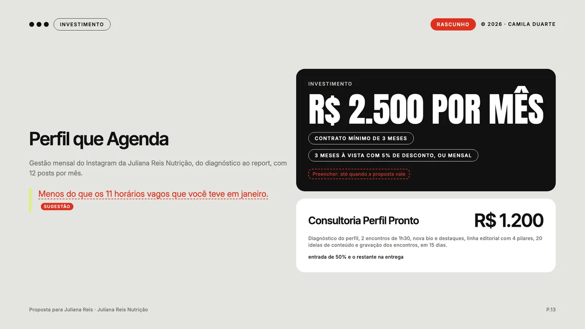 Página em rascunho com campos marcados em vermelho para preencher e uma sugestão para aprovar