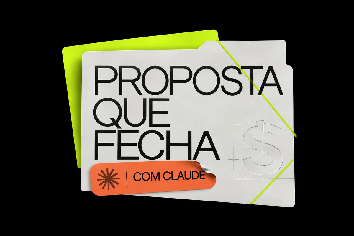 Pasta cinza com o título Proposta que Fecha, elástico verde-limão e a etiqueta laranja com Claude