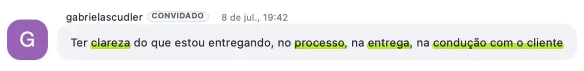 Print de depoimento de Gabriela Scudler: "Ter clareza do que estou entregando, no processo, na entrega, na condução com o cliente"